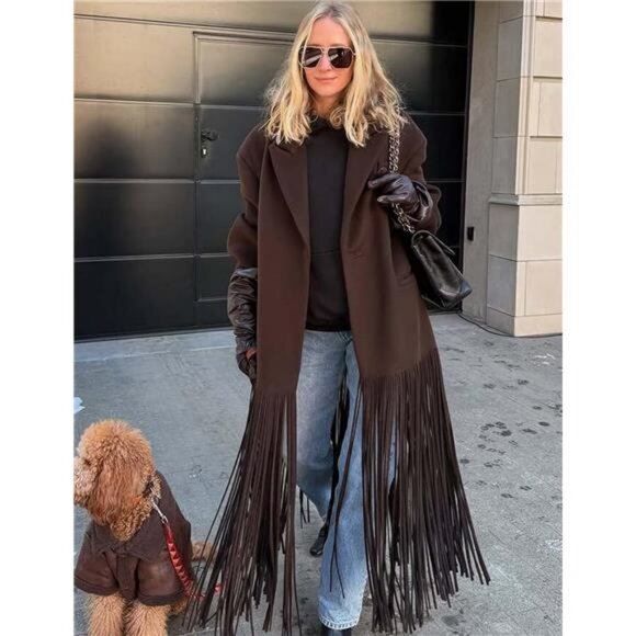 Women's Long Coat Notch Lapel Single-Breasted Jacket Brown - Picture 3 of 7